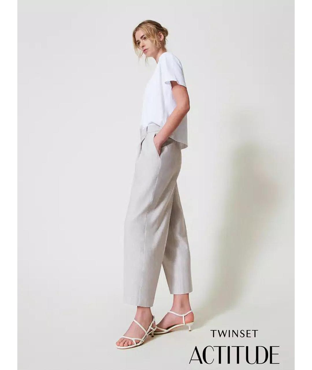 TWIN-SET Серые хлопковые прямые брюки, фото 2