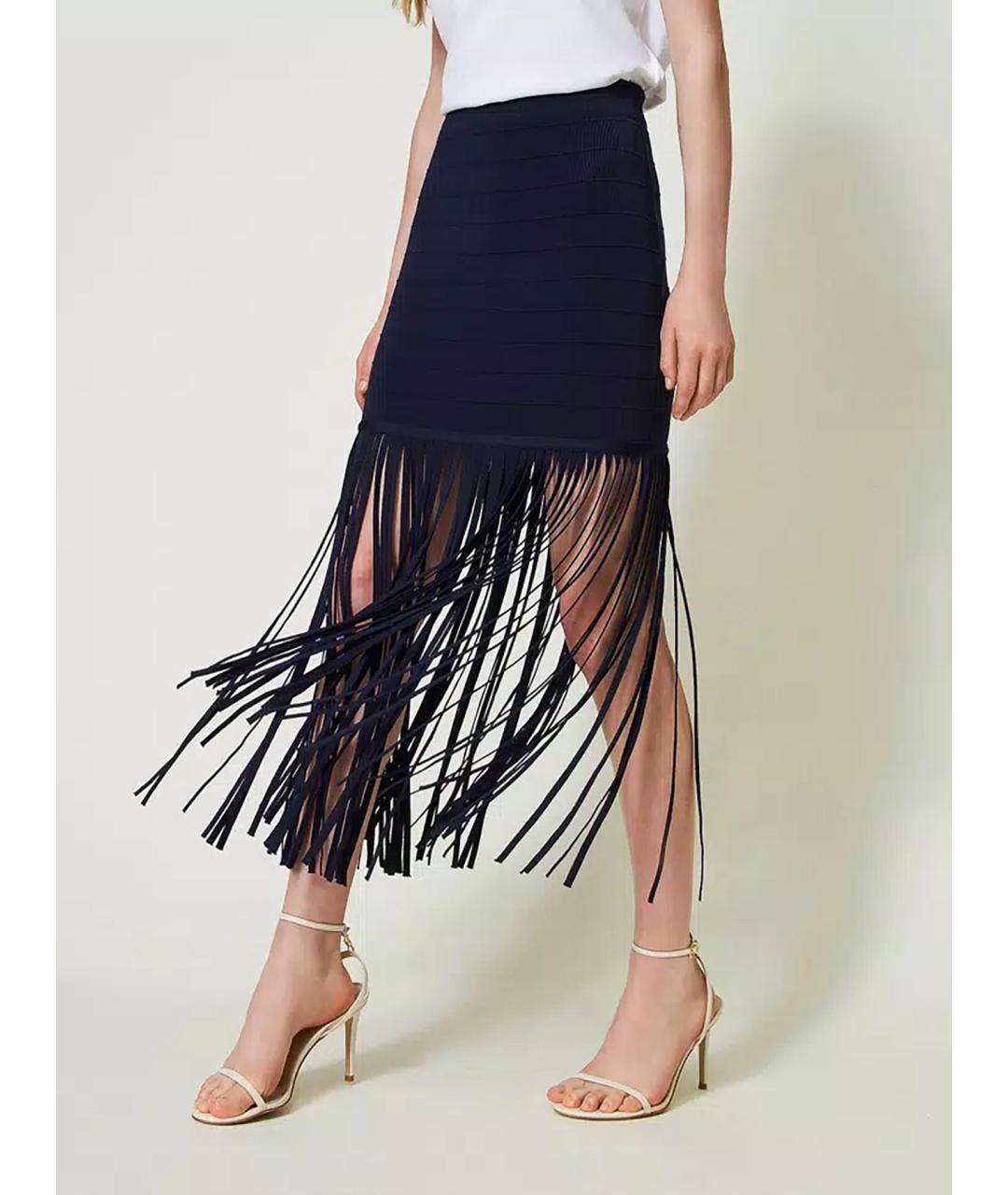 TWIN-SET Темно-синяя вискозная юбка миди, фото 4