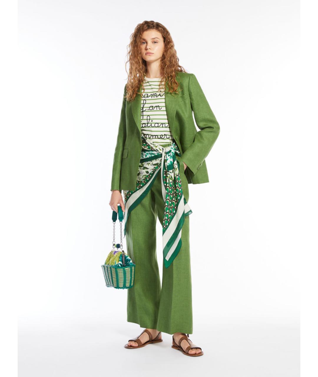 WEEKEND MAX MARA Зеленые льняные брюки широкие, фото 2