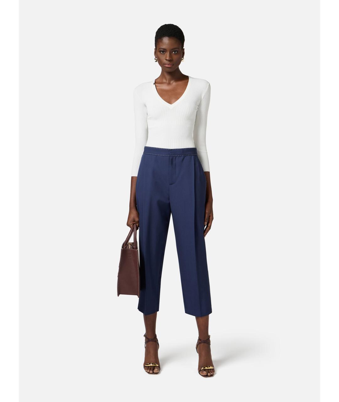 ELISABETTA FRANCHI Синие шерстяные прямые брюки, фото 2