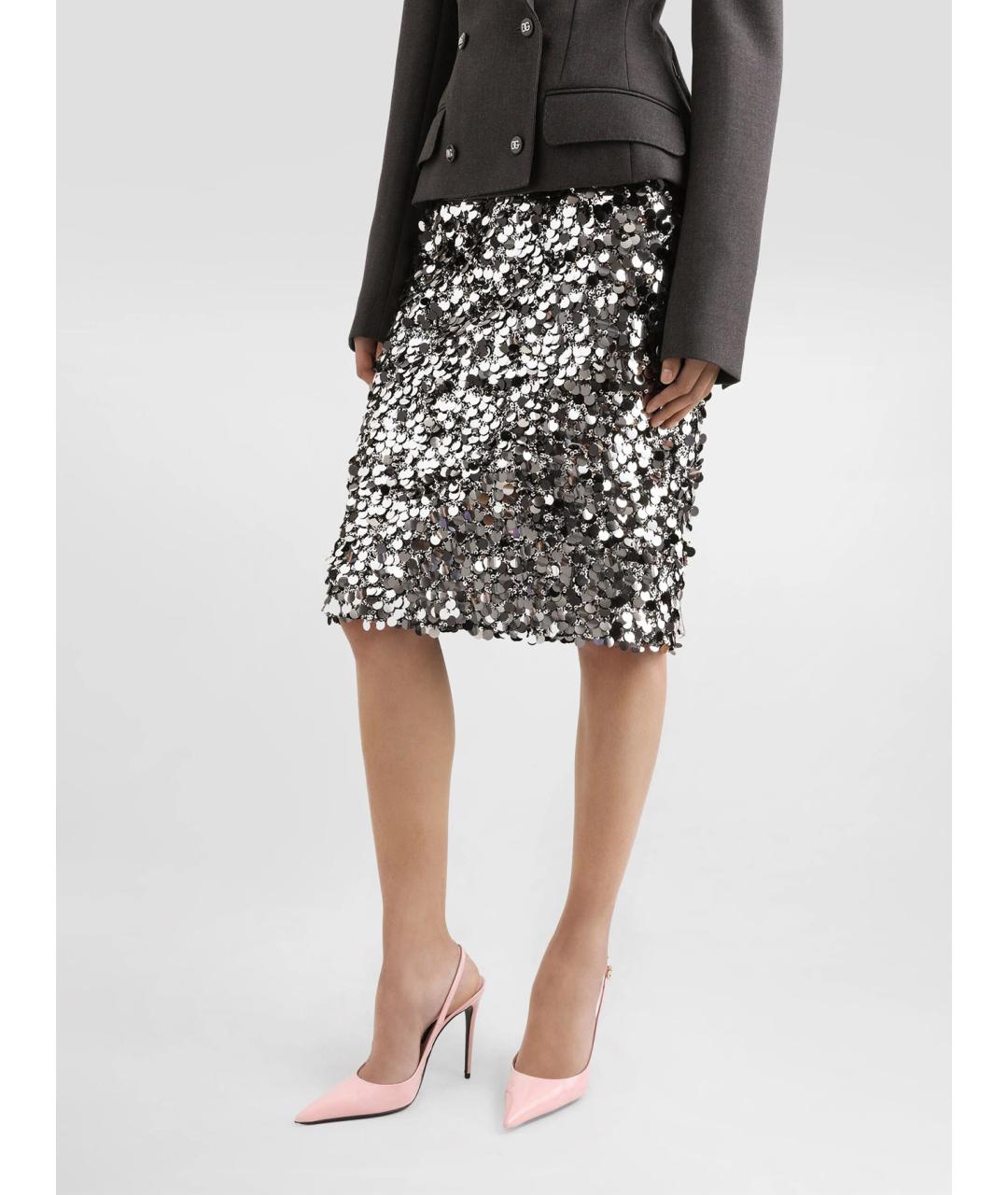 DOLCE&GABBANA Серебряная полиэстеровая юбка миди, фото 3