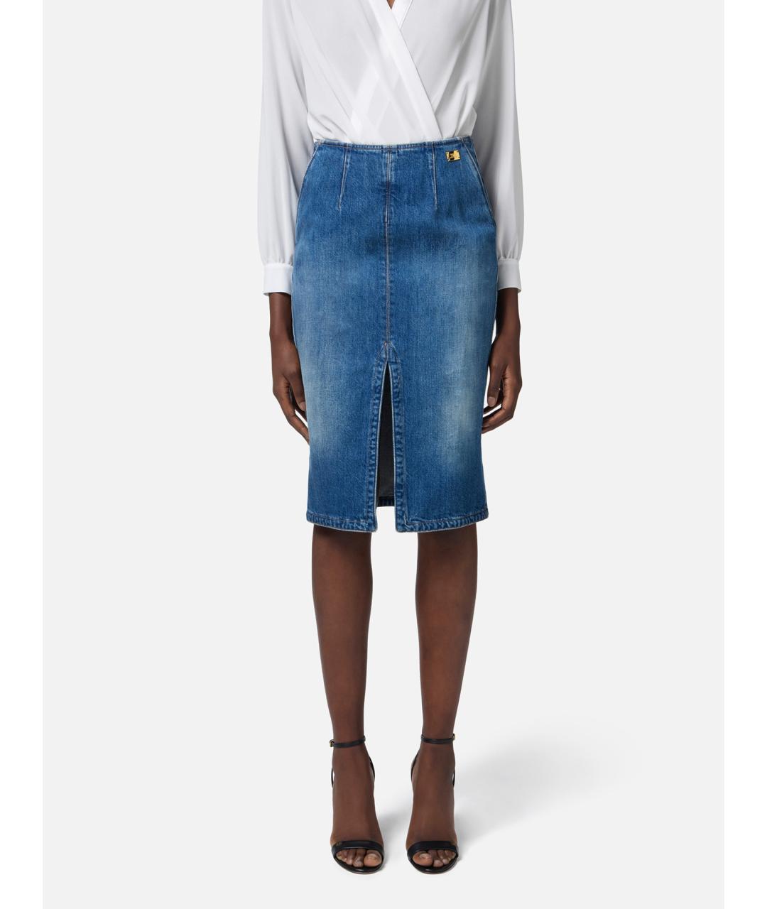 ELISABETTA FRANCHI Синяя хлопковая юбка миди, фото 3