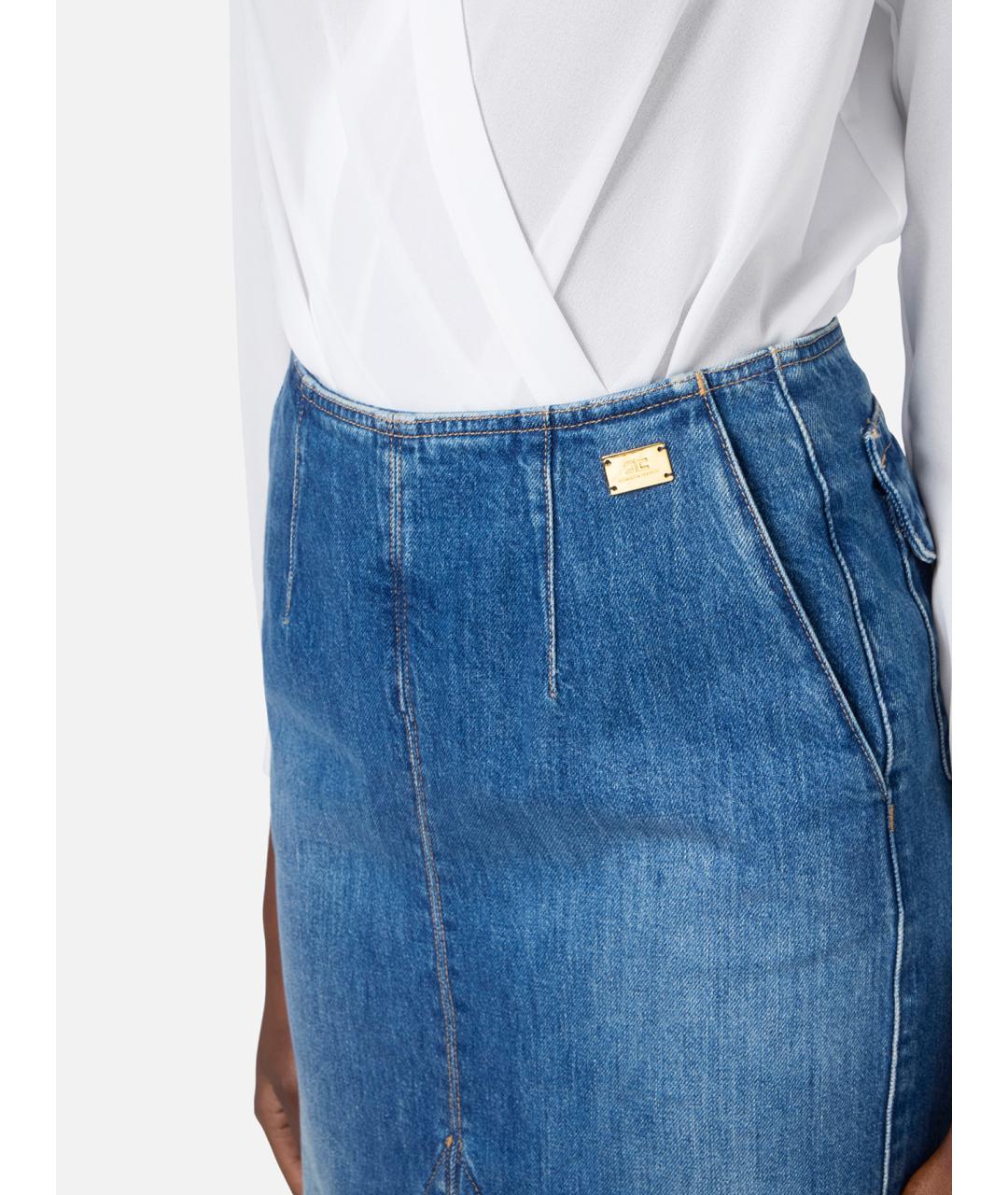 ELISABETTA FRANCHI Синяя хлопковая юбка миди, фото 4