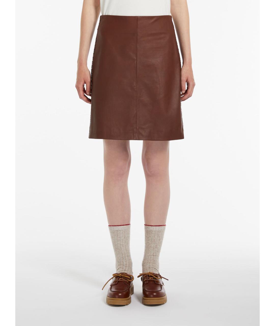 WEEKEND MAX MARA Коричневая кожаная юбка мини, фото 2