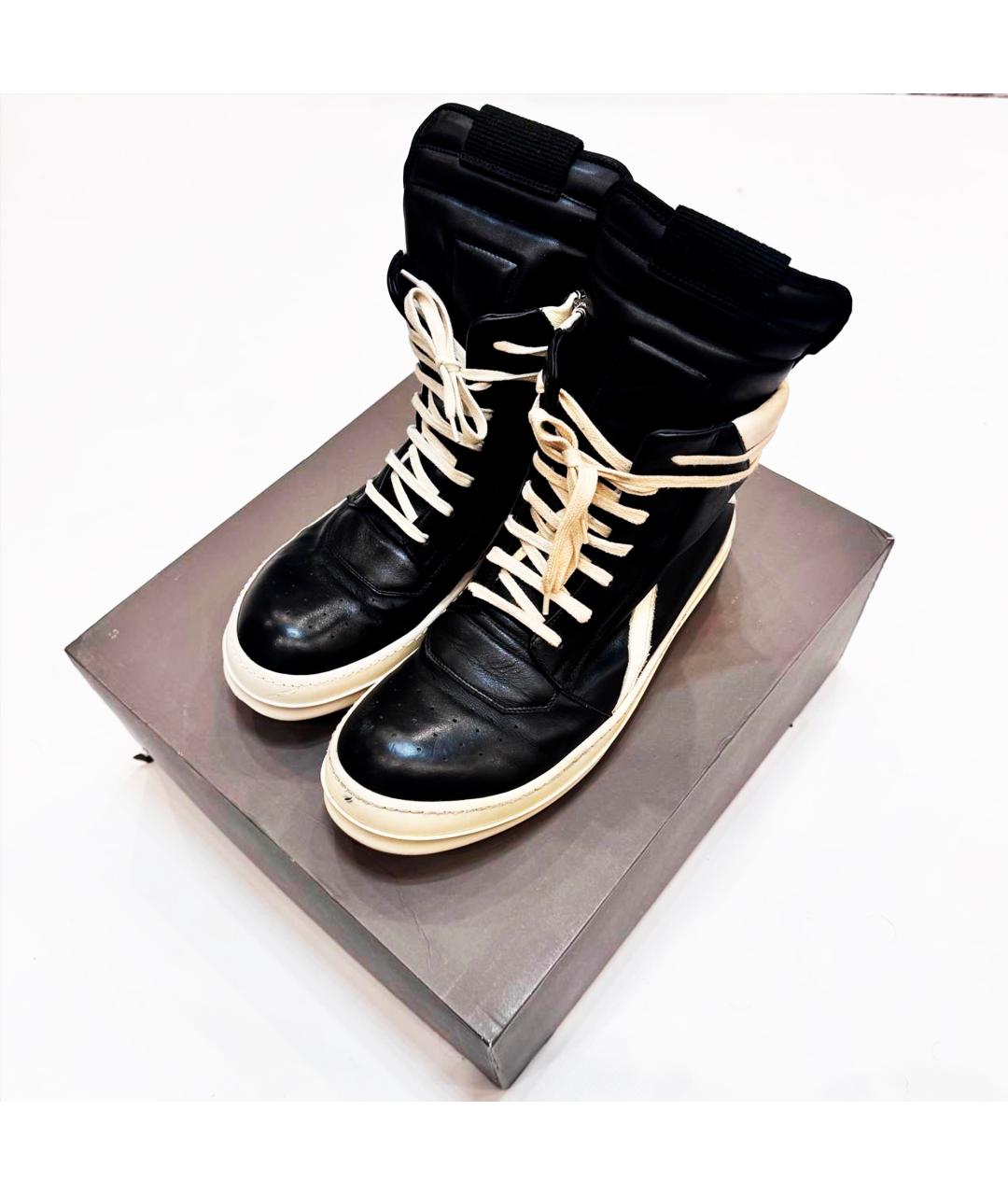 RICK OWENS Черные кожаные высокие кроссовки / кеды, фото 2