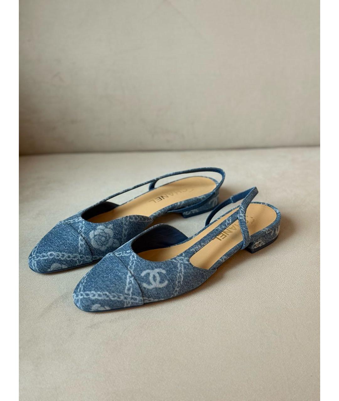 CHANEL Голубые текстильные лодочки на низком каблуке, фото 8