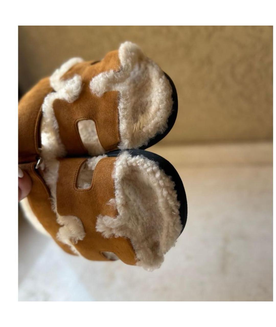 HERMES Коричневые нубуковые шлепанцы, фото 6