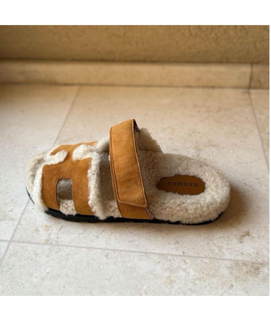 HERMES Коричневые нубуковые шлепанцы, фото 7