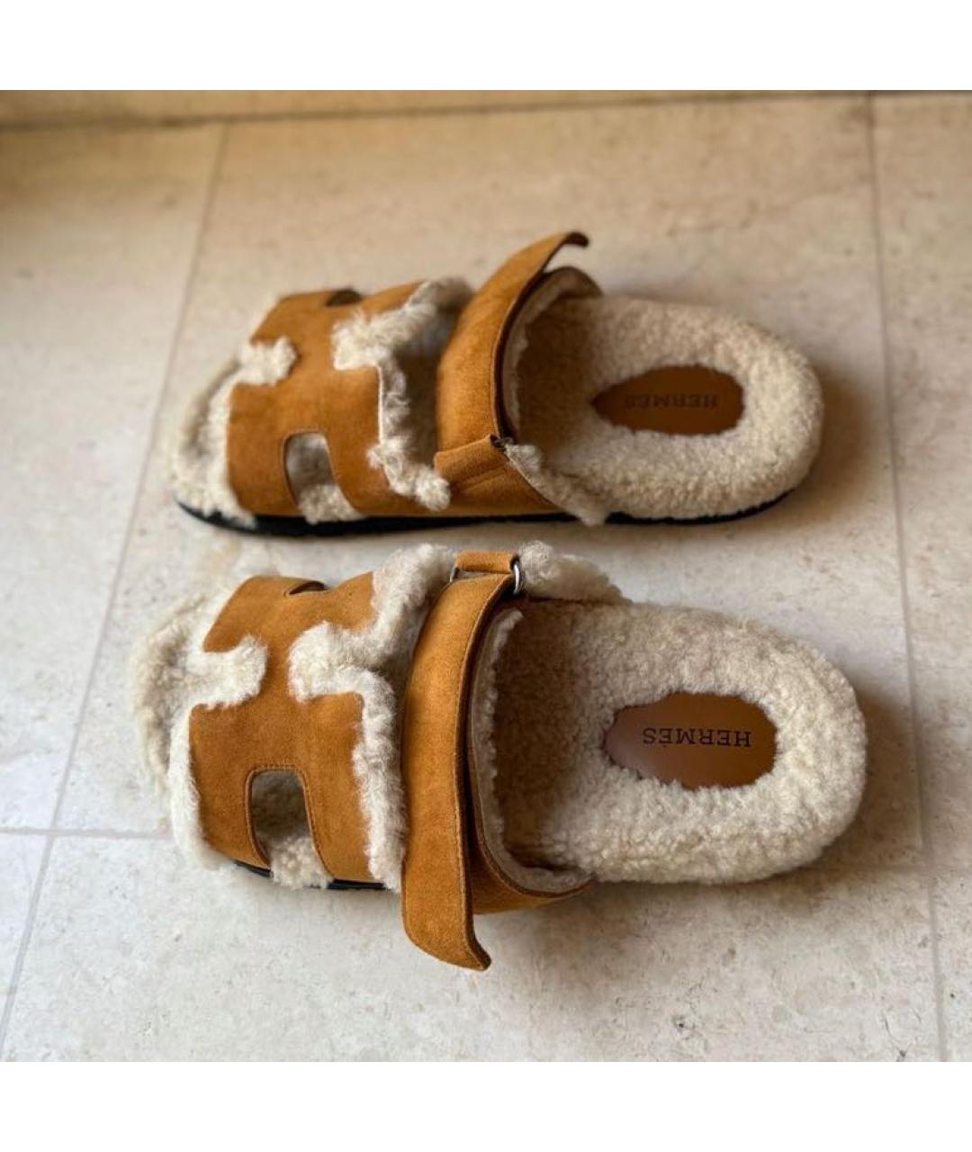 HERMES Коричневые нубуковые шлепанцы, фото 4