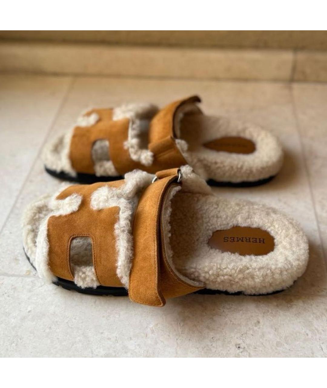 HERMES Коричневые нубуковые шлепанцы, фото 3