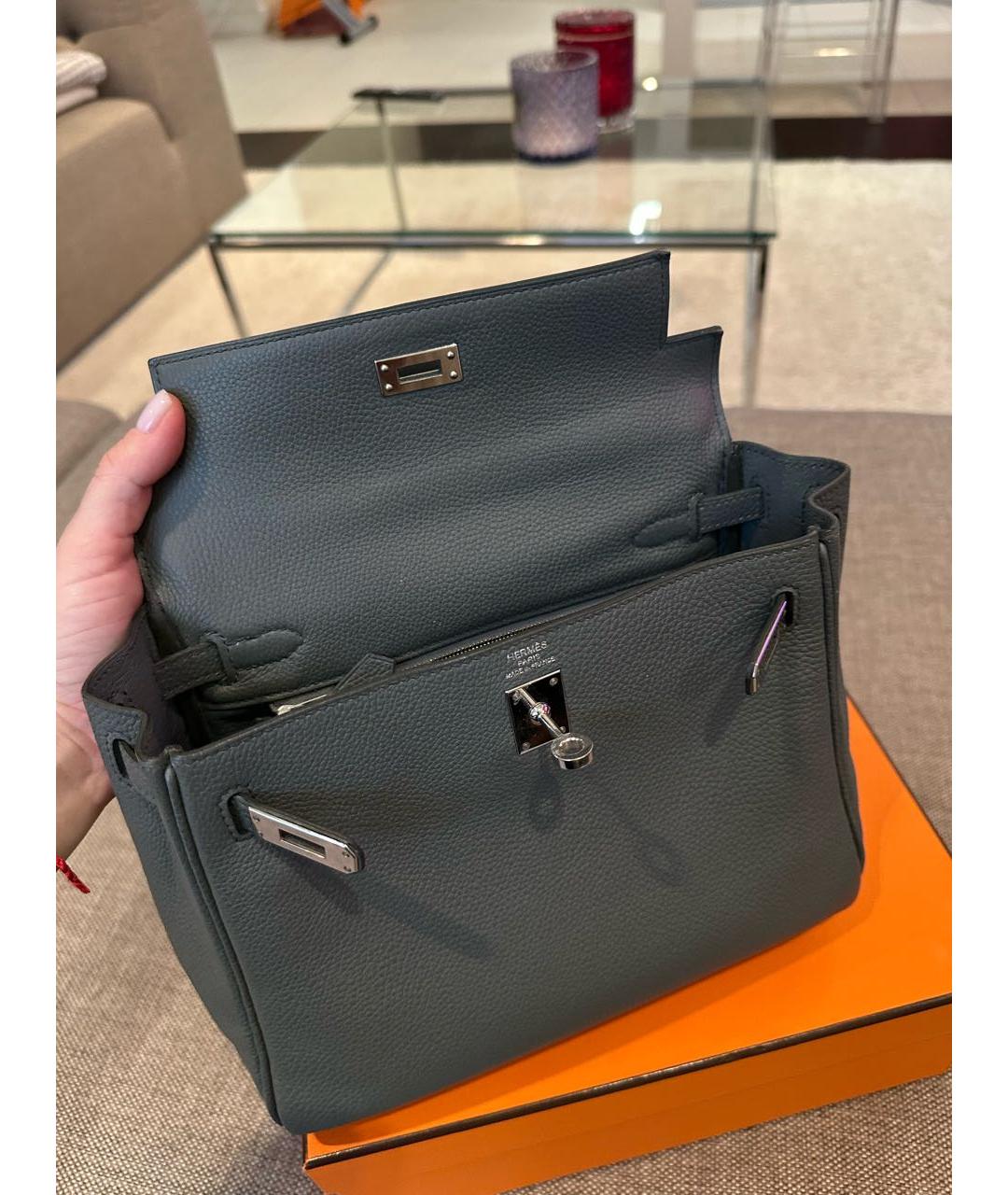 HERMES Серая кожаная сумка с короткими ручками, фото 5