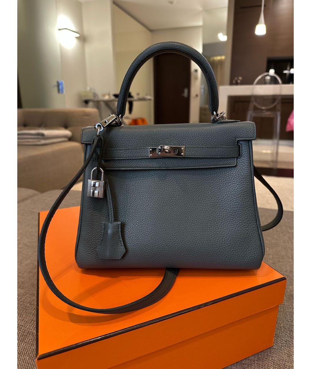 HERMES Серая кожаная сумка с короткими ручками, фото 9