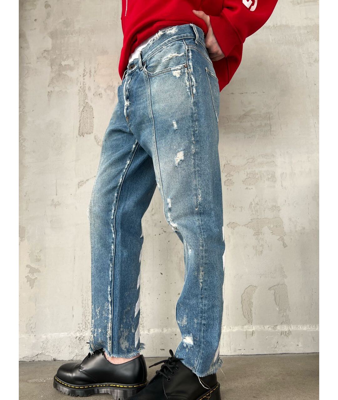 OFF-WHITE Синие хлопко-полиэстеровые прямые джинсы, фото 5