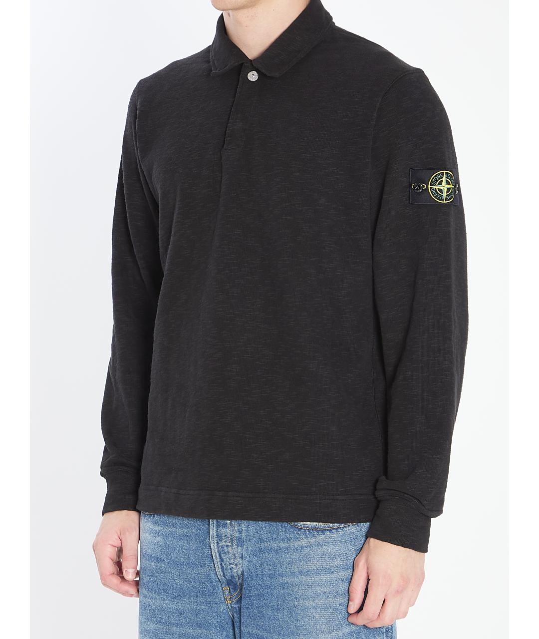 STONE ISLAND Черное хлопковое поло с длинным рукавом, фото 3