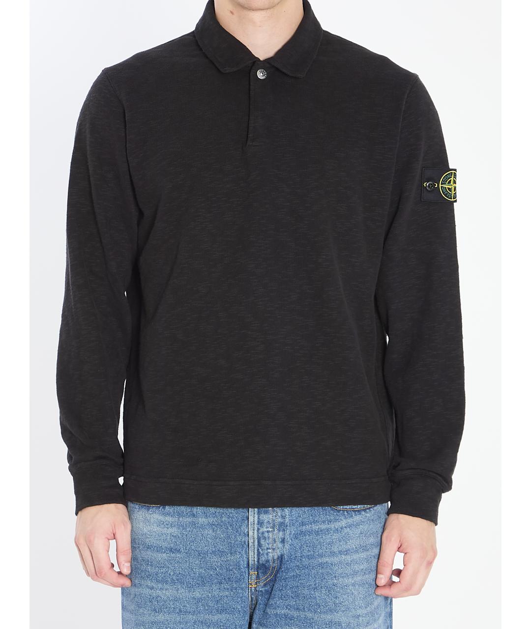 STONE ISLAND Черное хлопковое поло с длинным рукавом, фото 2