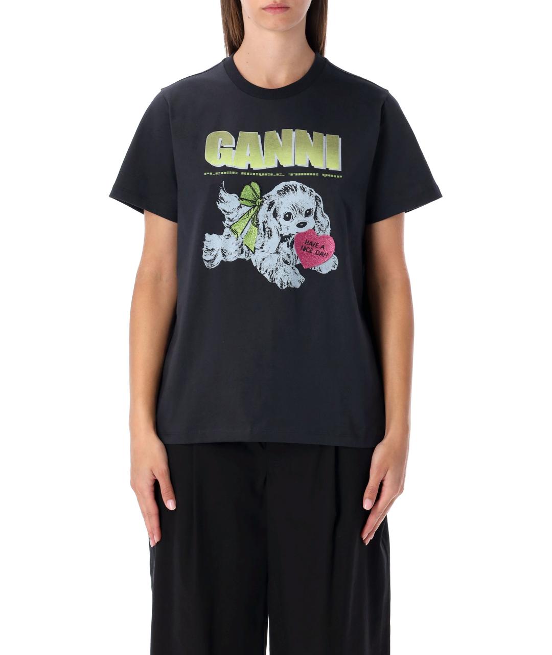 GANNI Черная хлопковая футболка, фото 2