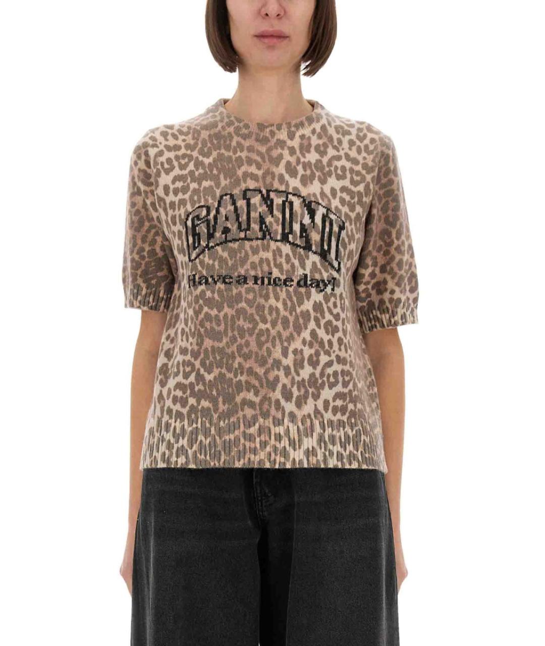 GANNI Коричневая шерстяная футболка, фото 2