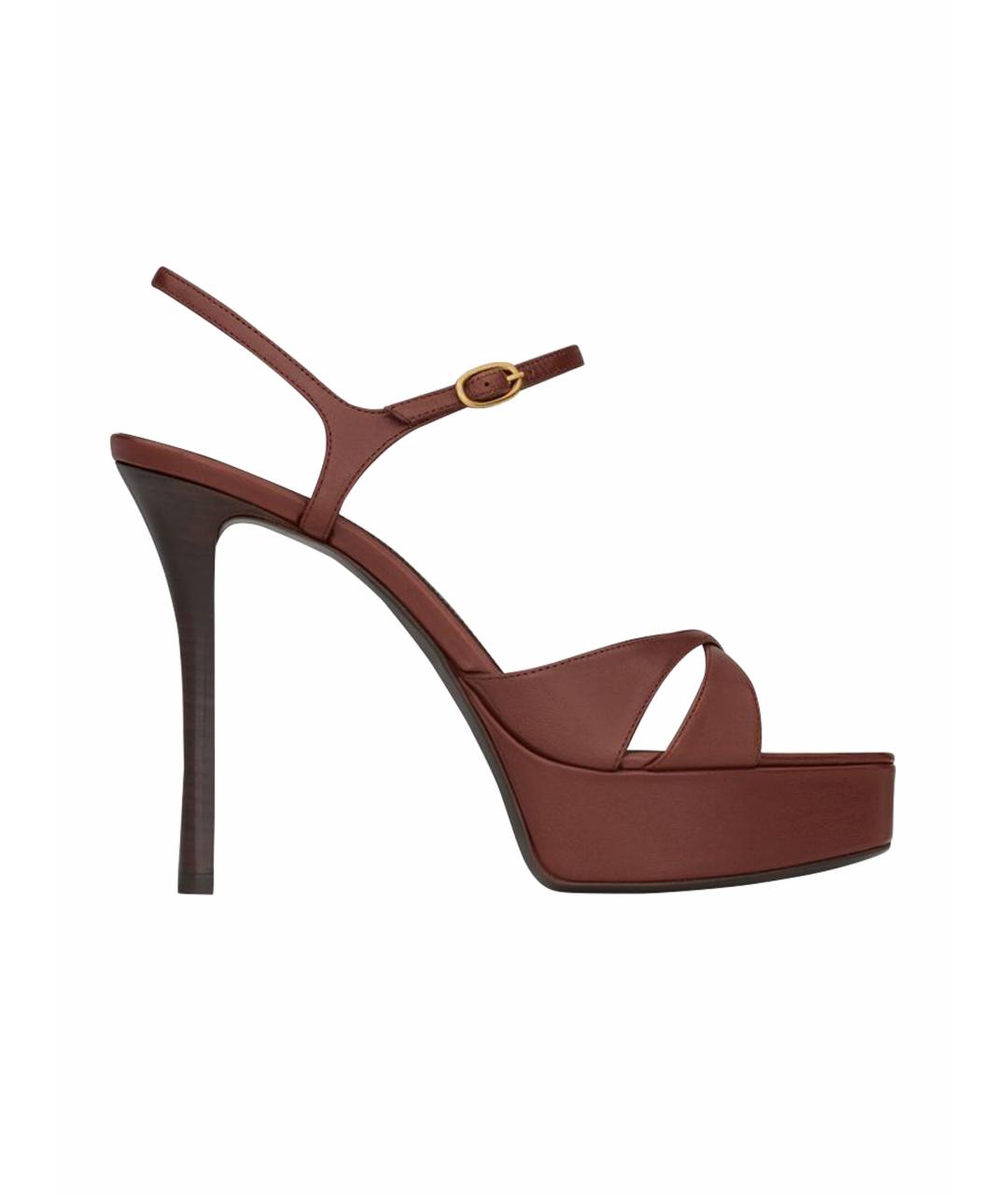 SAINT LAURENT Коричневые кожаные босоножки, фото 1