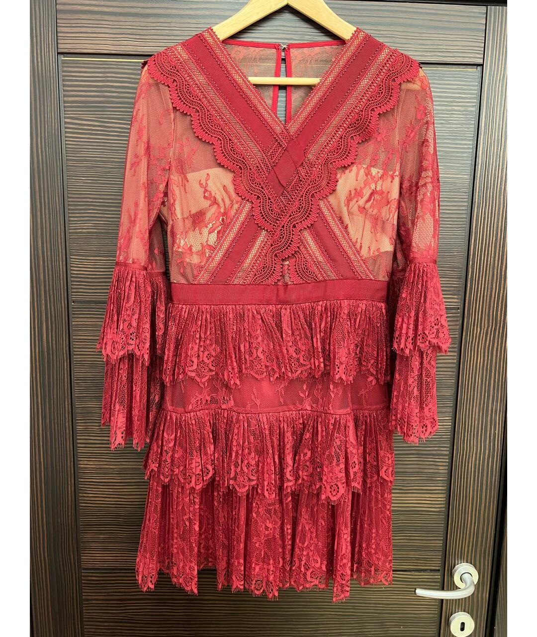 SELF-PORTRAIT Бордовое кружевное повседневное платье, фото 8