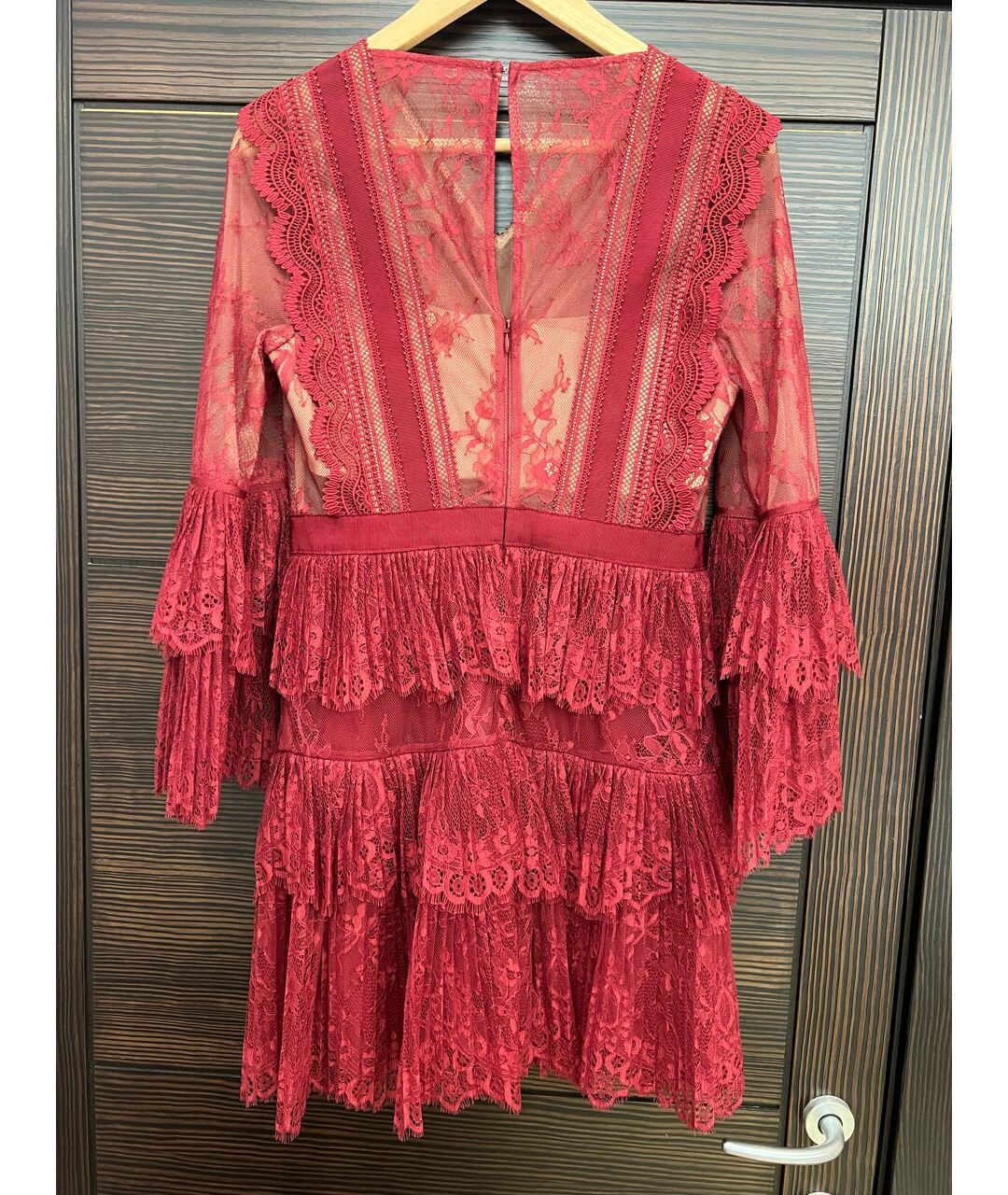 SELF-PORTRAIT Бордовое кружевное повседневное платье, фото 2