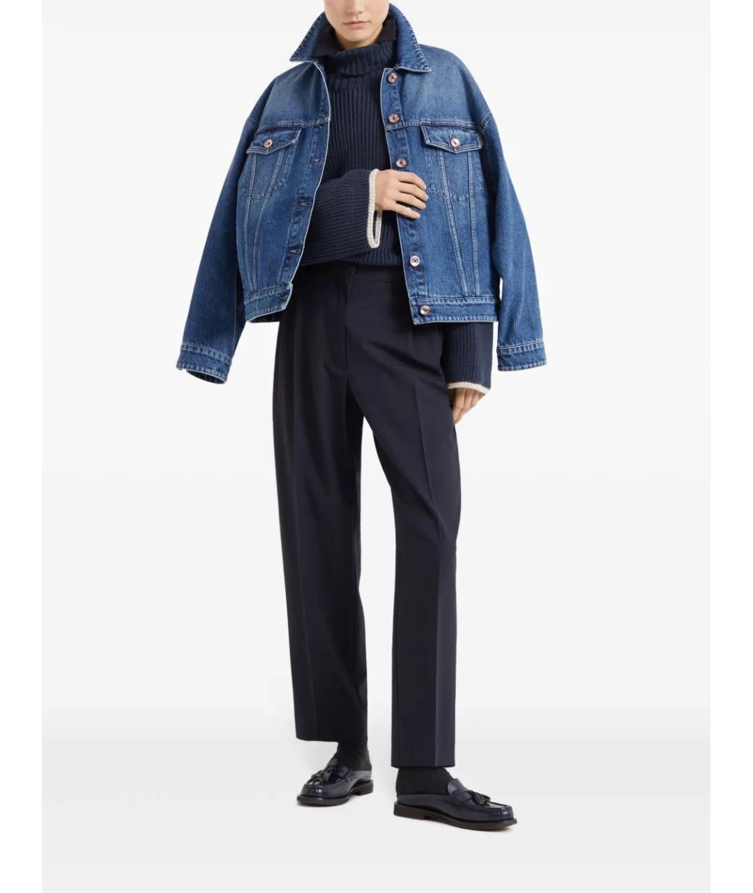 BRUNELLO CUCINELLI Темно-синие шерстяные прямые брюки, фото 2