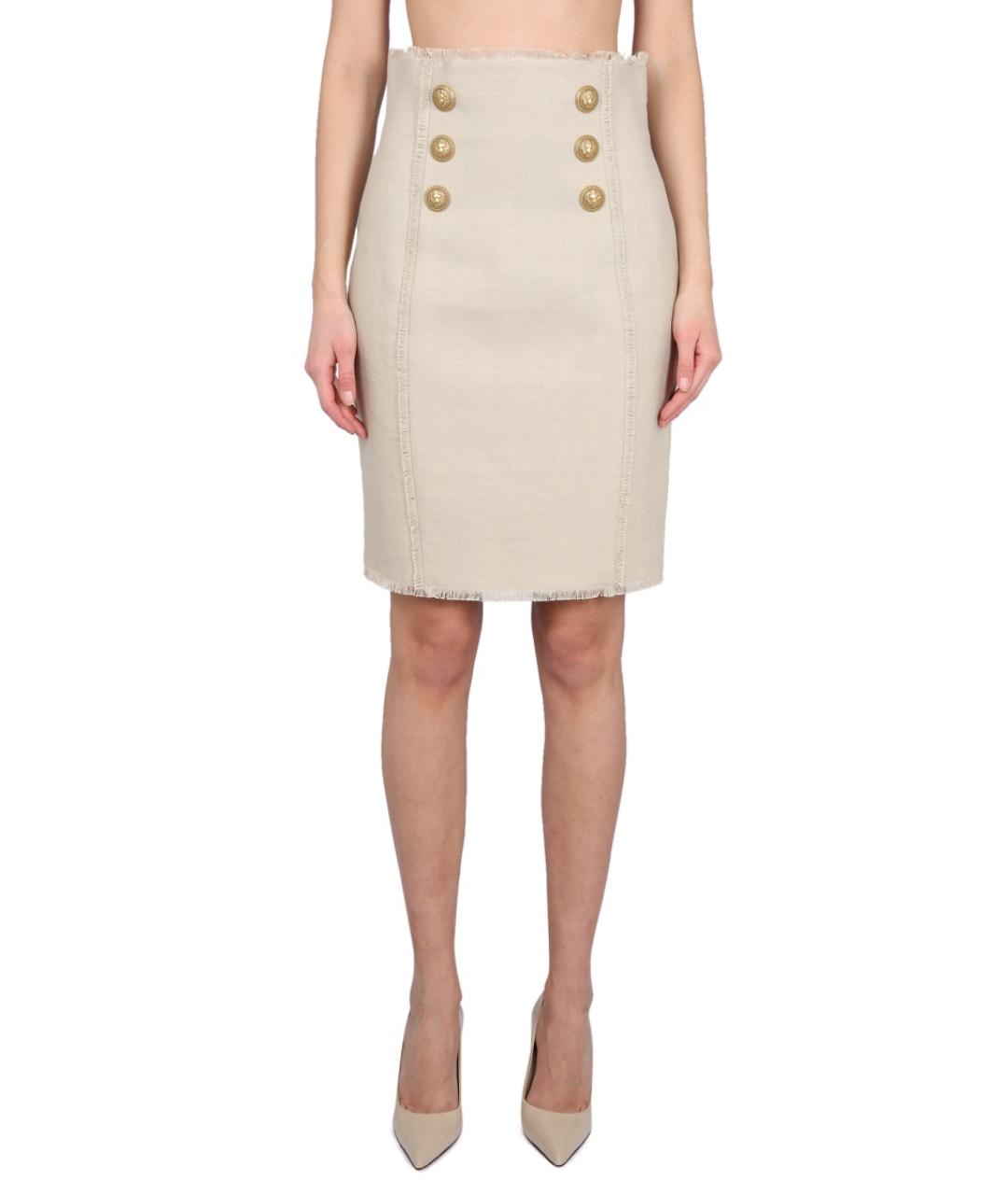BALMAIN Бежевая льняная юбка миди, фото 1