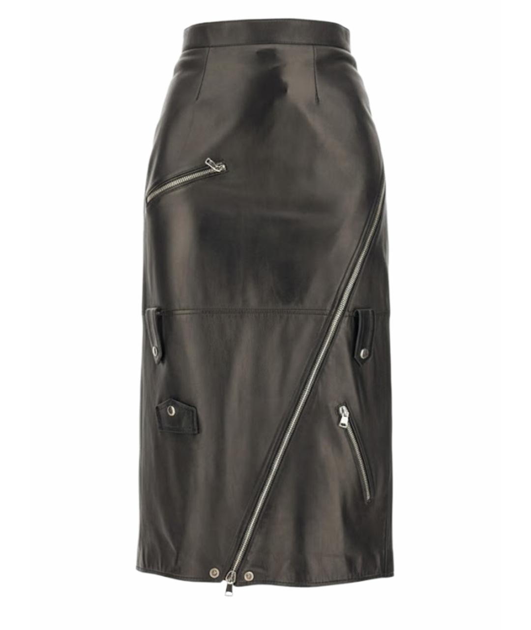 ALEXANDER MCQUEEN Черная кожаная юбка миди, фото 1