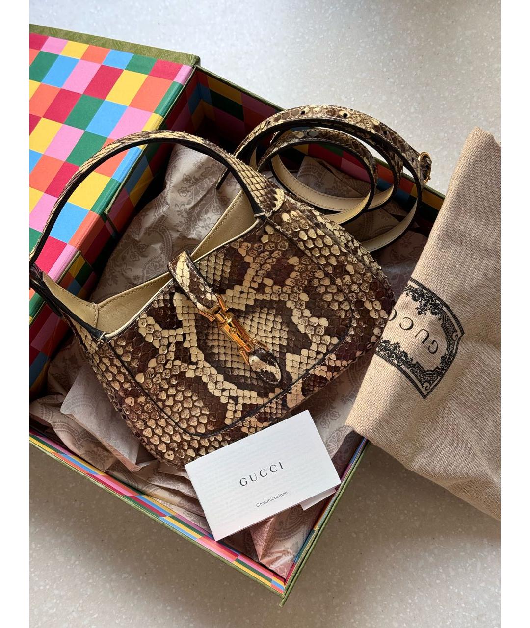 GUCCI Бежевая сумка с короткими ручками из экзотической кожи, фото 5