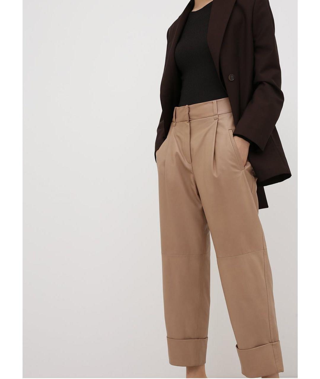 BRUNELLO CUCINELLI Бежевые кожаные прямые брюки, фото 4