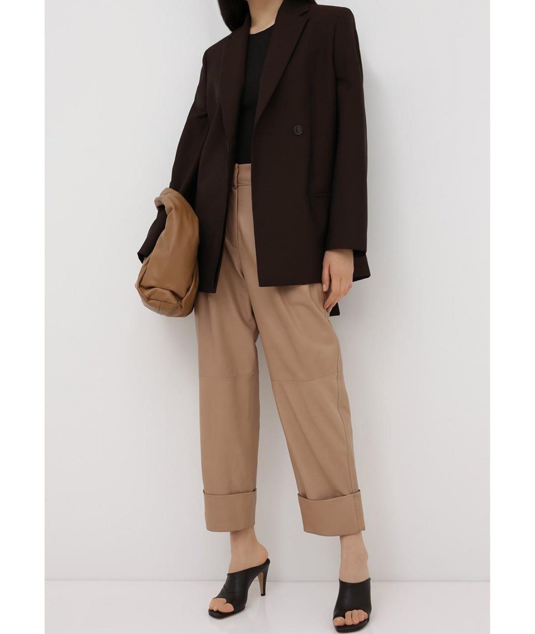 BRUNELLO CUCINELLI Бежевые кожаные прямые брюки, фото 5