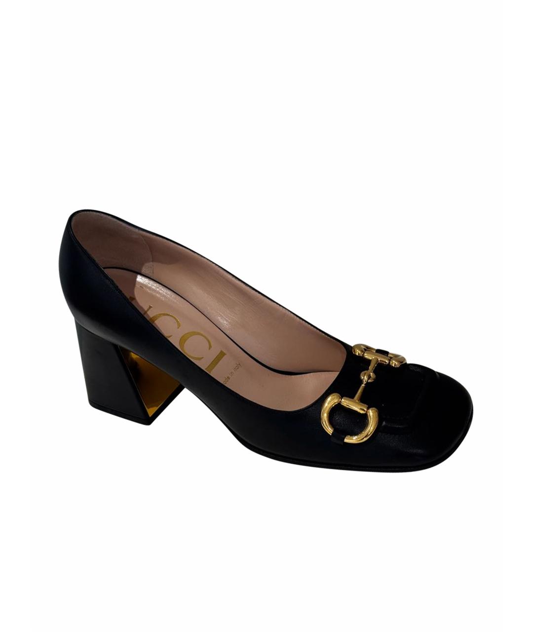 GUCCI Черные кожаные лодочки на низком каблуке, фото 1