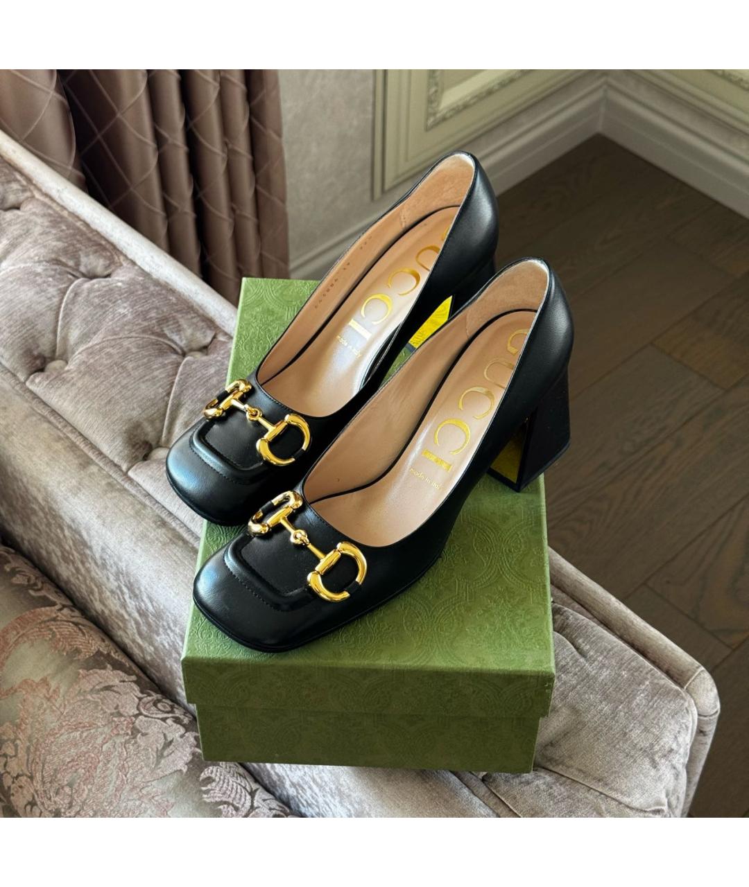GUCCI Черные кожаные лодочки на низком каблуке, фото 3