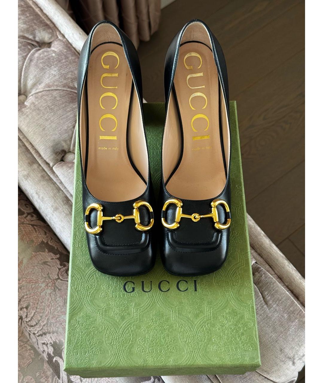 GUCCI Черные кожаные лодочки на низком каблуке, фото 2
