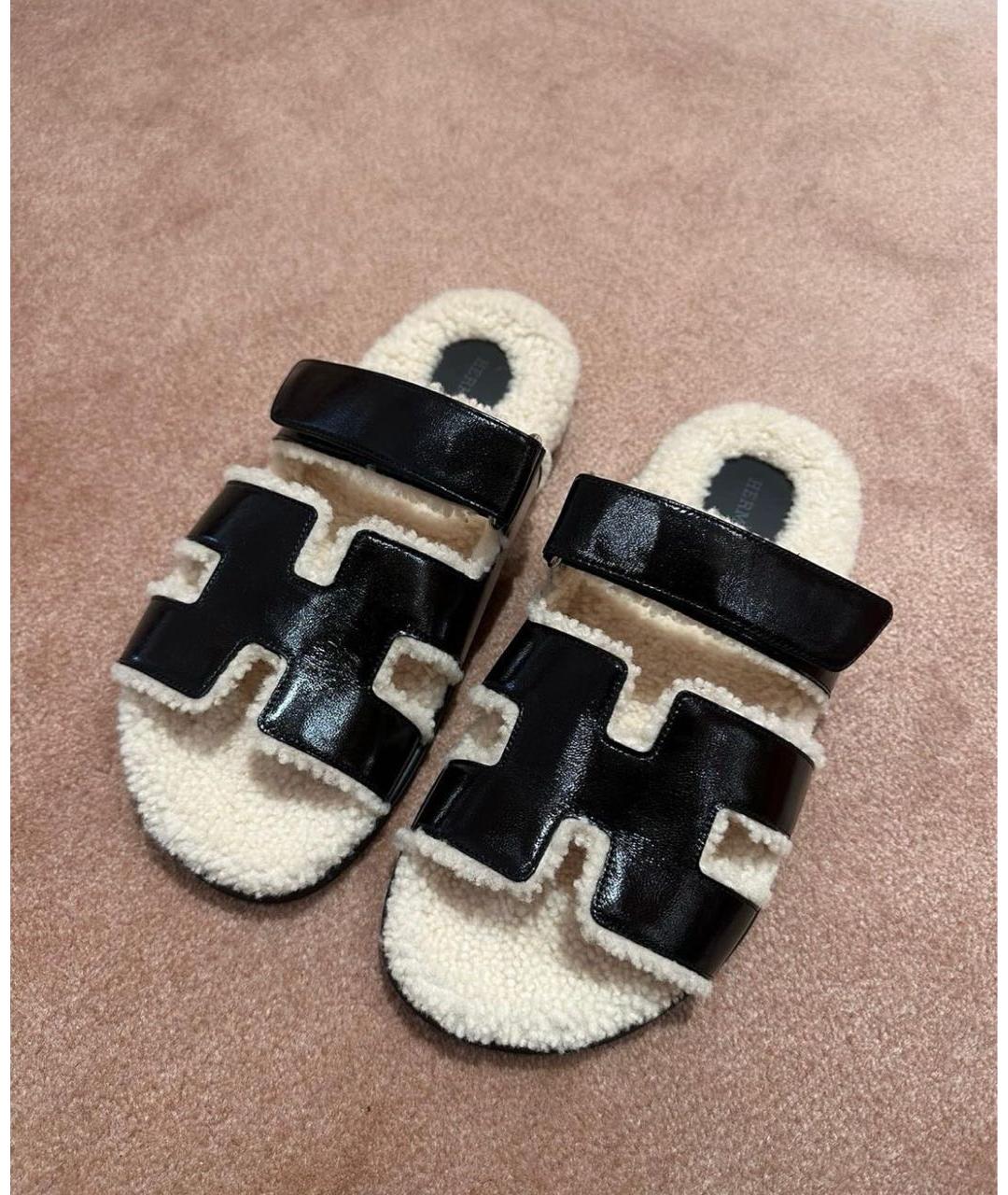 HERMES Черные кожаные шлепанцы, фото 3