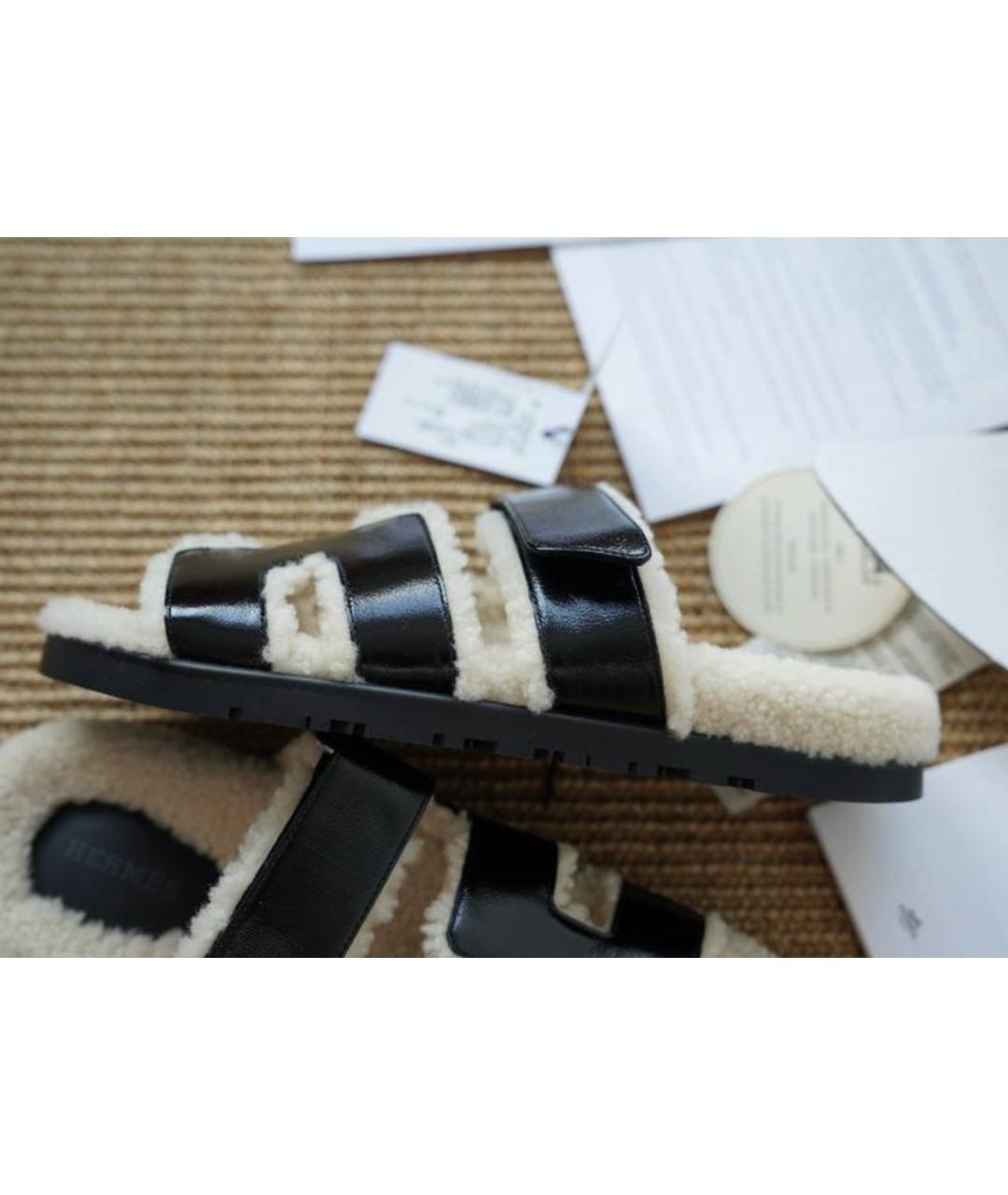 HERMES Черные кожаные шлепанцы, фото 4