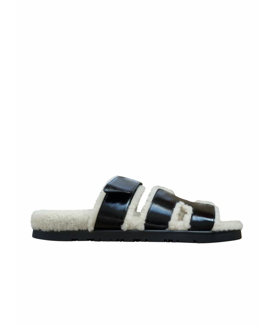 HERMES Черные кожаные шлепанцы, фото 1