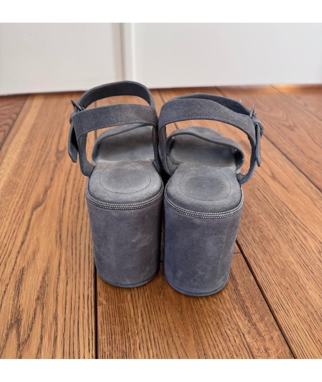 BRUNELLO CUCINELLI Антрацитовые нубуковые босоножки, фото 3