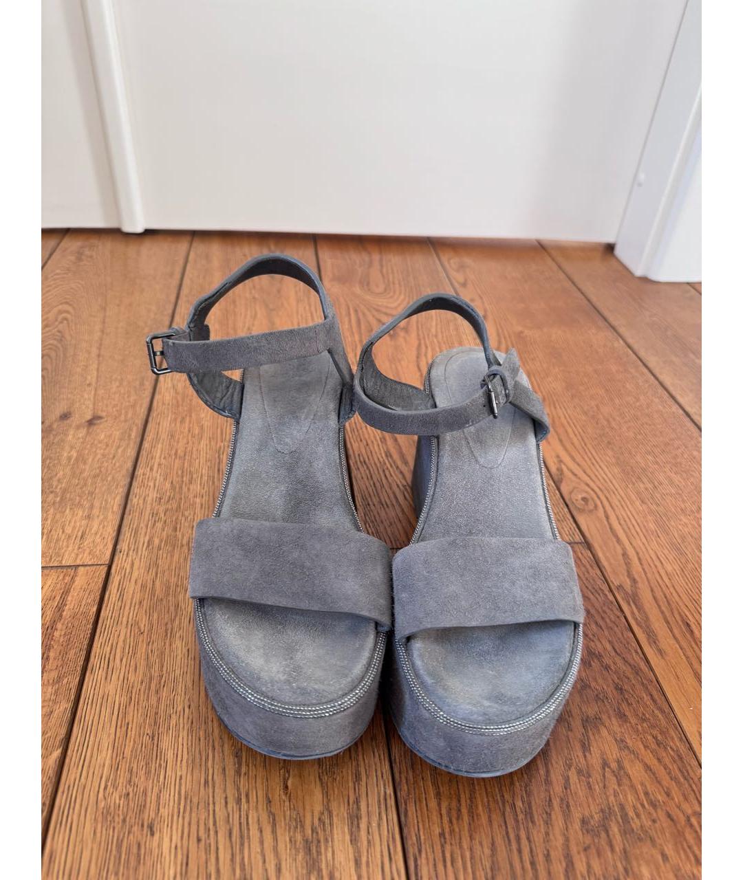 BRUNELLO CUCINELLI Антрацитовые нубуковые босоножки, фото 2