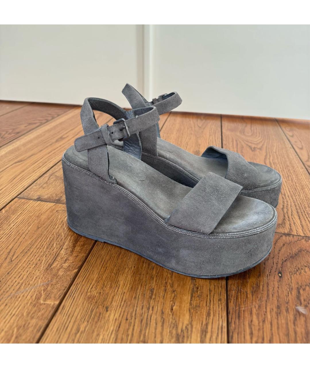 BRUNELLO CUCINELLI Антрацитовые нубуковые босоножки, фото 5
