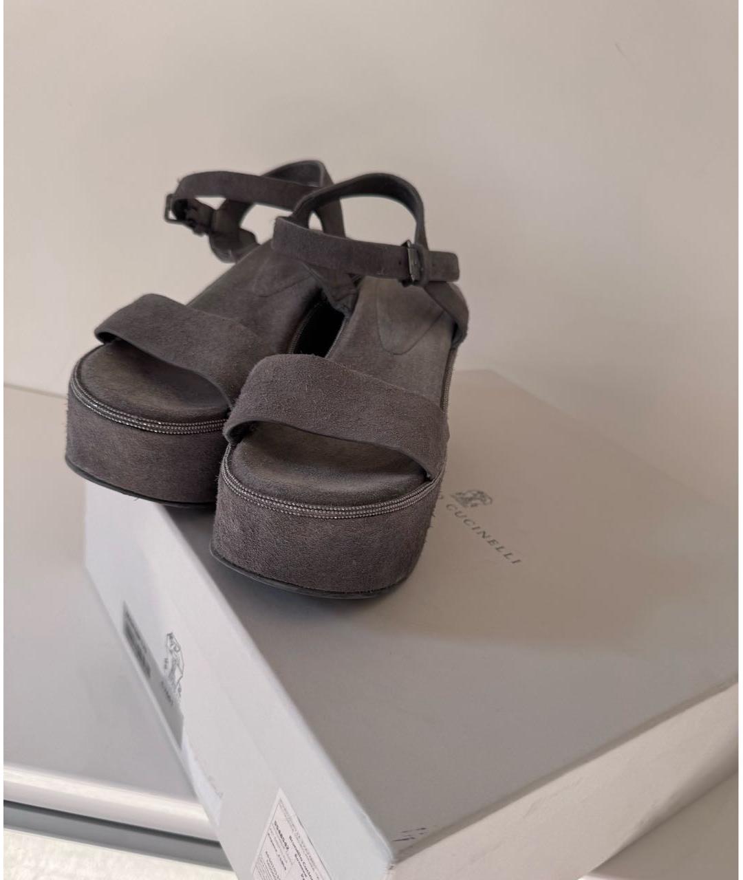 BRUNELLO CUCINELLI Антрацитовые нубуковые босоножки, фото 4