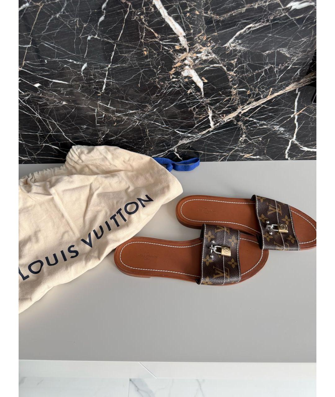 LOUIS VUITTON Коричневые кожаные шлепанцы, фото 7
