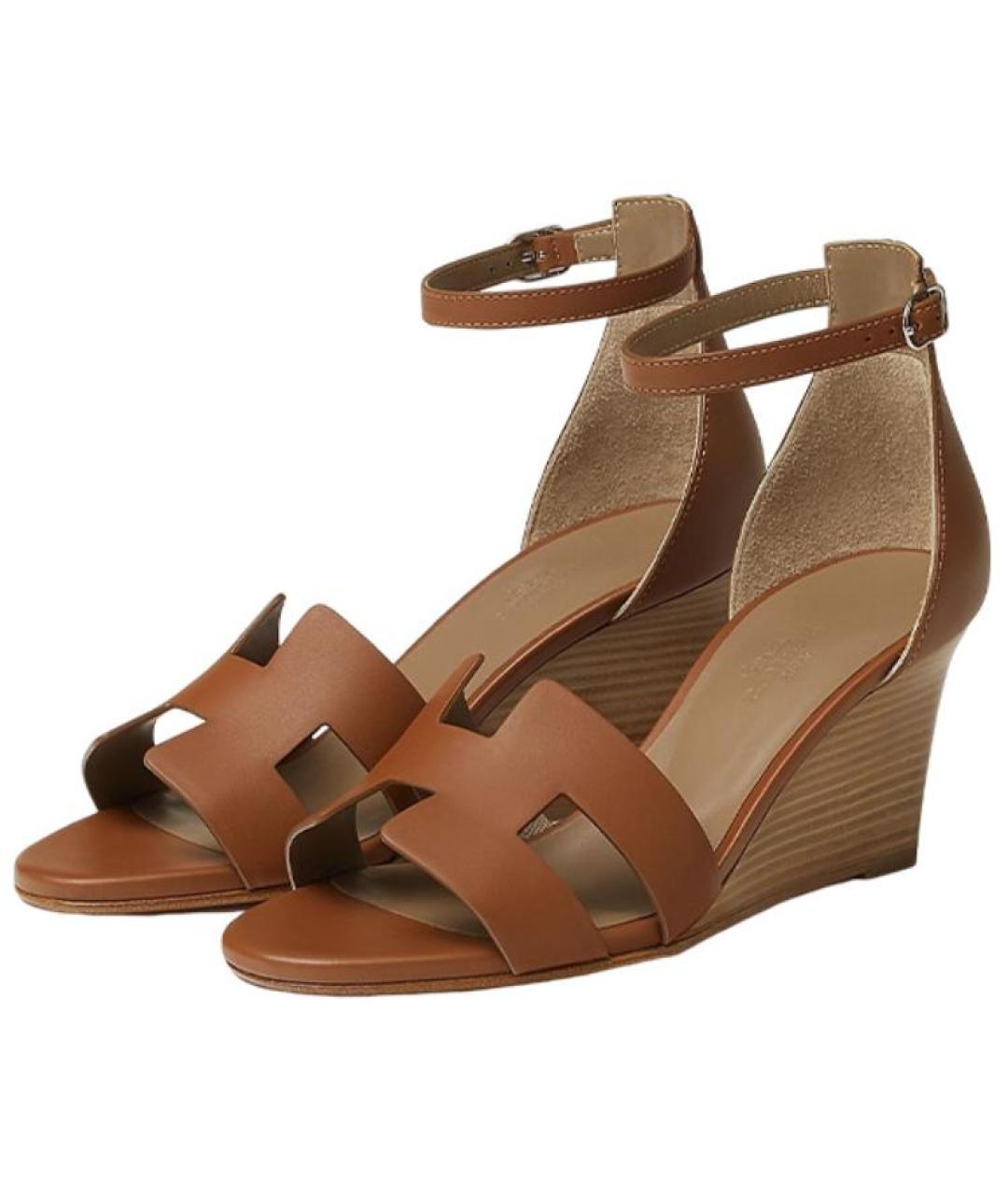 HERMES Коричневые кожаные босоножки, фото 3