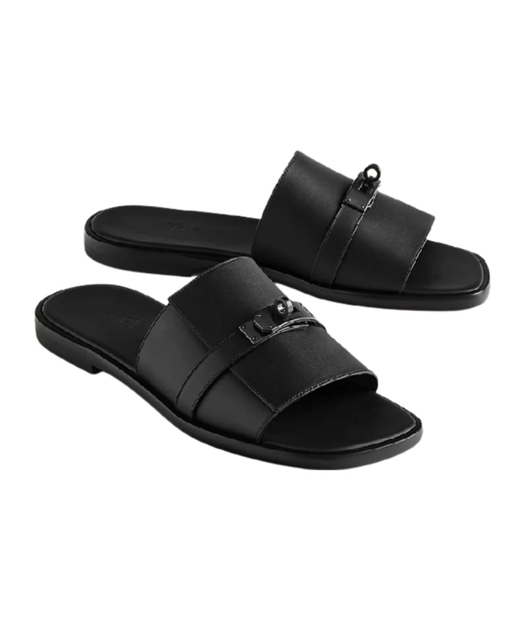 HERMES Черные кожаные шлепанцы, фото 4