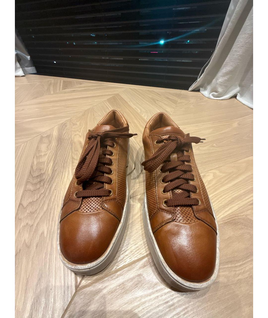 SANTONI Коричневые кожаные низкие кроссовки / кеды, фото 2