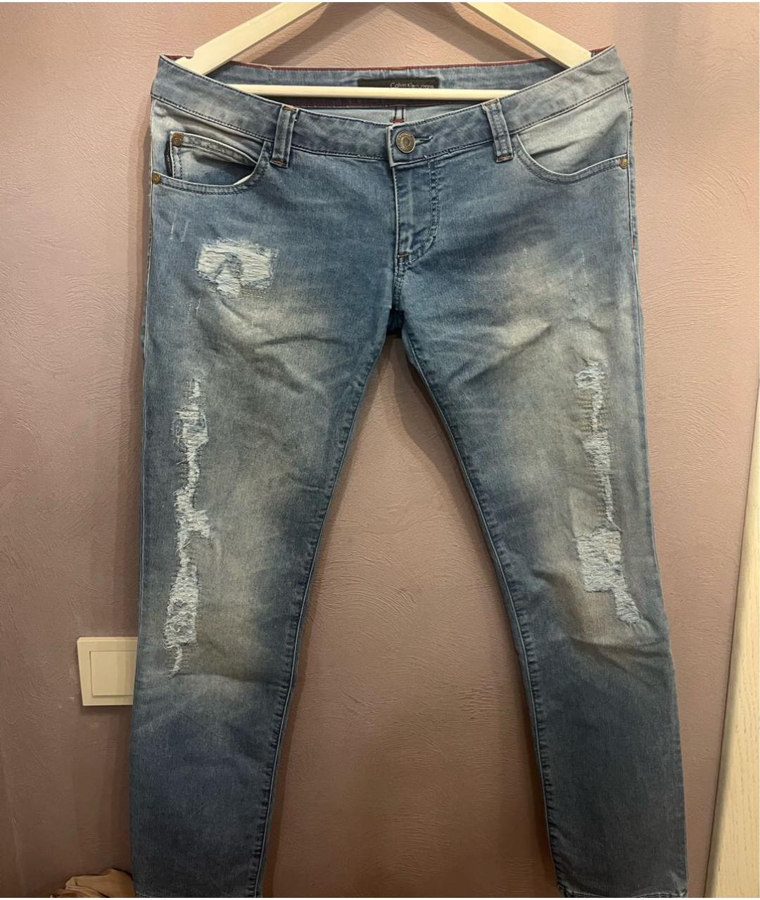 CALVIN KLEIN Голубые хлопко-полиэстеровые джинсы слим, фото 5