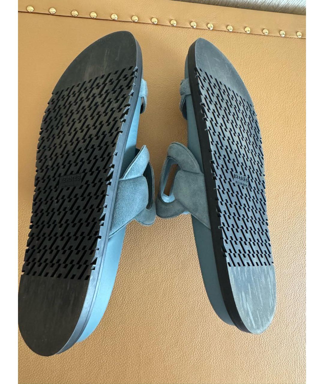 HERMES Голубые замшевые шлепанцы, фото 5