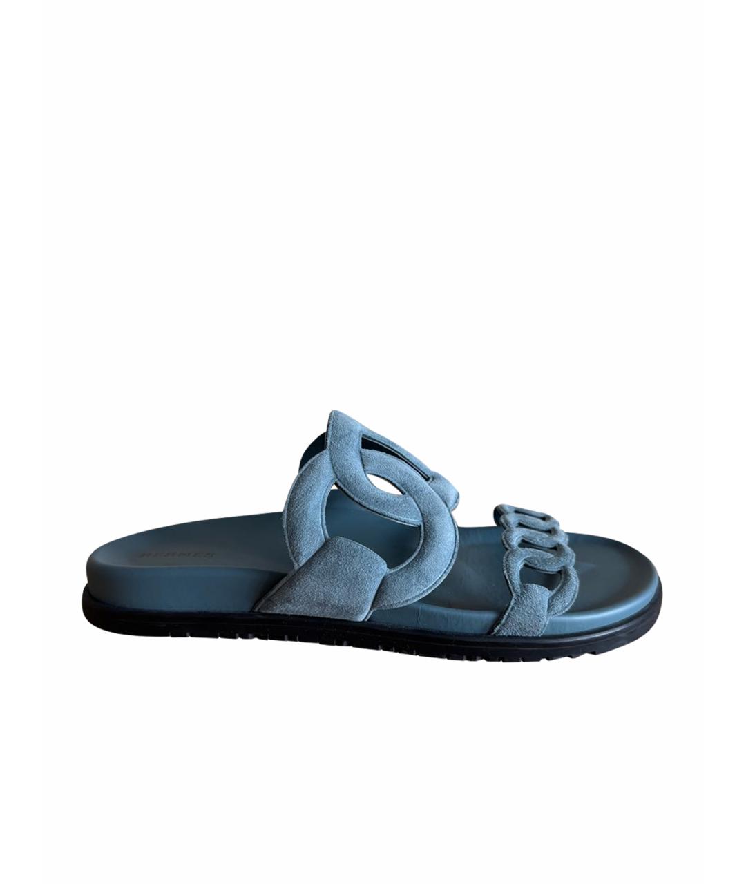 HERMES Голубые замшевые шлепанцы, фото 1