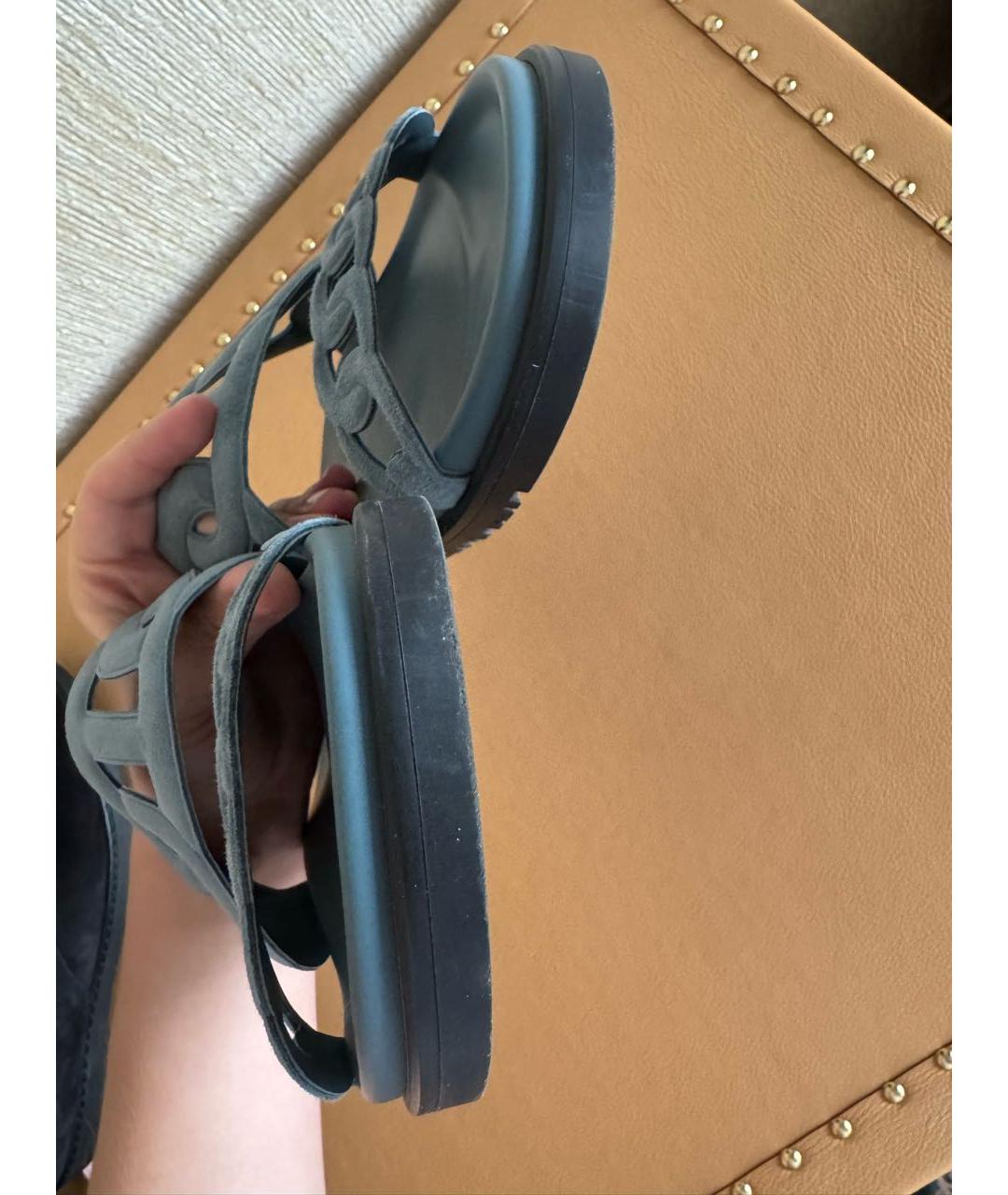 HERMES Голубые замшевые шлепанцы, фото 7