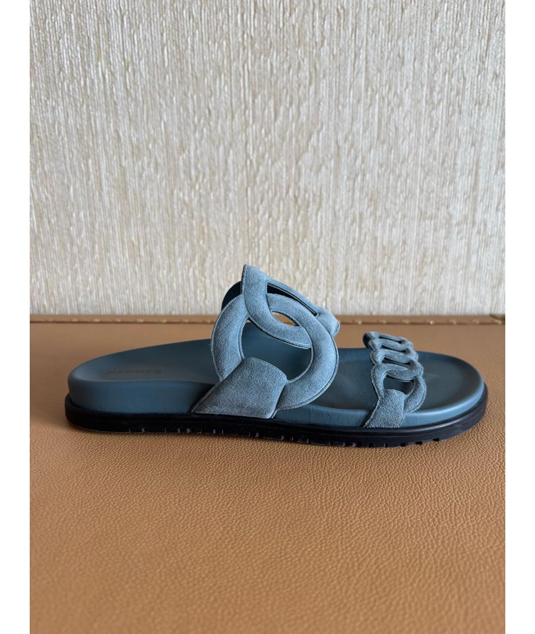 HERMES Голубые замшевые шлепанцы, фото 8