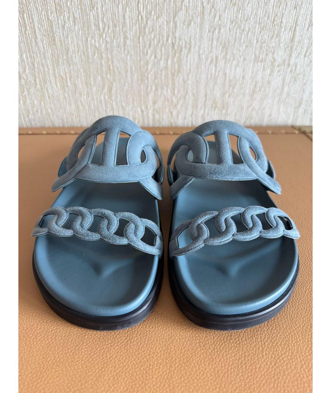 HERMES Голубые замшевые шлепанцы, фото 2
